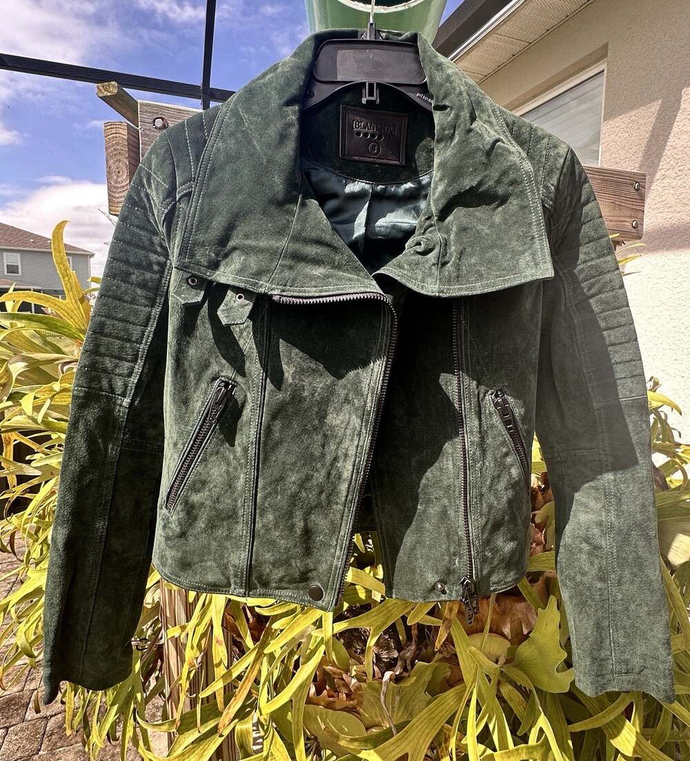 BLANKNYC Women Green Genuine Suede Leather Moto Jacket Cowl Neck Biker Sz S